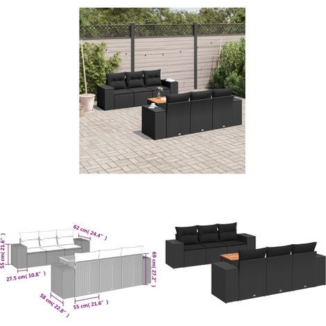 7-tlg. Garten-Sofagarnitur mit Kissen Schwarz Poly Rattan - Gartenmöbel - Outdoor Möbel - Rattan Gartenset - PE-Rattan - Lounge Set - Home & Living (1/3)