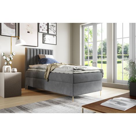Sofello Boxspringbett JILL 90 x 200cm mit Bettkasten TOPPER 5cm Gratis Grau Velour hohe goldene Beine (1/3)