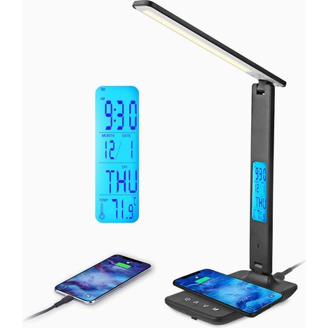 Lampe de bureau LED avec chargeur sans fil et USB, lampe de bureau flexible et réglable, commande tactile, écran LCD avec fonctions heure, alarme et température (A-Noir) (1/5)