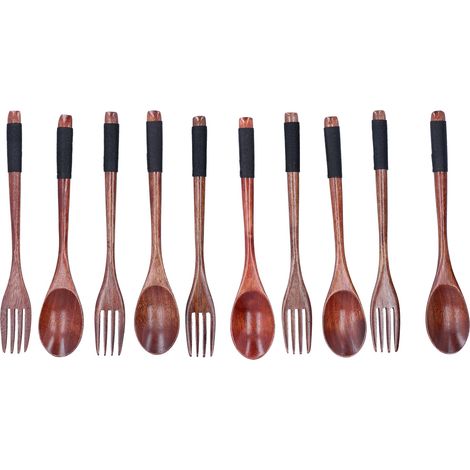 Ensemble de vaisselle en bois écologique comprenant une cuillère, une fourchette, des ustensiles réutilisables faits main et une cuillère à soupe portable, idéale pour la cuisine, les pique-niques, le (1/5)