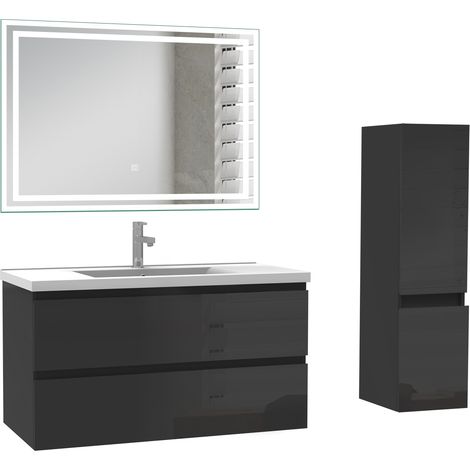 Ocean Ensemble de Meuble salle de bain 99cm avec 2 Tiroirs, miroir led + colonne 110cm, meuble Noir Haut Brillant