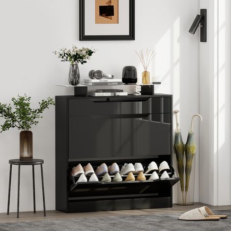 Armoire à chaussures noire, 2 tiroirs pliables, 1 tiroir coulissant, 1 plateau de rangement, 89x23x96 cm