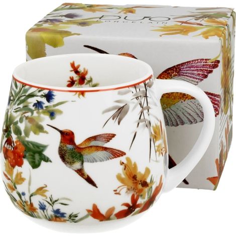 Taza de porcelana con forma de barril de 430 ml, diseño de colibrí Linnea - Serie Clásica Floral (1/3)