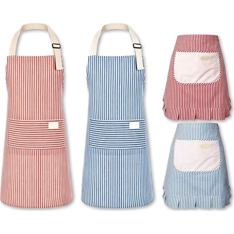 4 Tabliers de Cuisine pour Femme, Rayés Bleu et Rose avec Tabliers de Cuisine Réglables, Mélange Coton-Lin et Tablier avec Sangle de Cou Réglable pour Cuisson Pâtisserie Jardin (1/5)