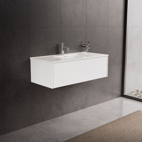 Inda - Badezimmerschrank mit 1 Schublade L.100 und glänzendem Waschbecken / Glänzendes Weiß – diamante (1/5)