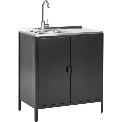 Mobiletto da giardino in acciaio con lavello e 2 ante ripiano in acciaio inox nero Vilama (1/5)