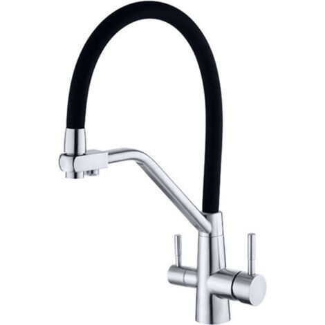 Robinet de Cuisine 3-en-1 en Laiton avec Filtration d'Eau - Mitigeur Évier Extractible à Double Commande, pour Eau Chaude/Froide et Eau Purifiée (Osmose/RO) - Bec Orientable Haute Incurvation avec Dou (1/3)
