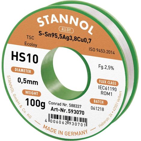 Fil à souder sans plomb HS10 2510 Stannol Alliage (détails) Sn95Ag4Cu1 (1/3)