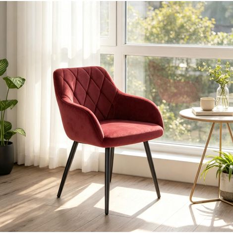 Chaise de salle à manger avec accoudoirs en velours rouge, siège rembourré 44 x 42,5 cm, dossier confortable, pieds en métal, charge 120 kg, pour salon, chambre ou bureau  CHICFURN (1/5)