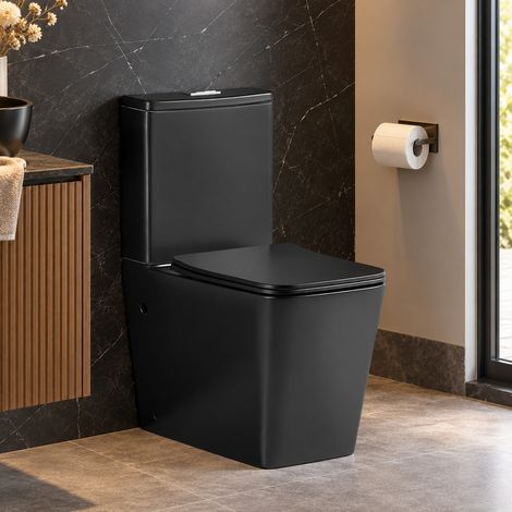 Stano. – Toilette WC à poser noire mat – Céramique Rimless hygiénique – Abattant Soft Close – Mécanisme double chasse 6/3L – Évacuation universelle (1/5)