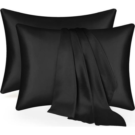 Lot de 2 taies d'oreiller en simili-soie-51x76 cm,Noir (1/3)