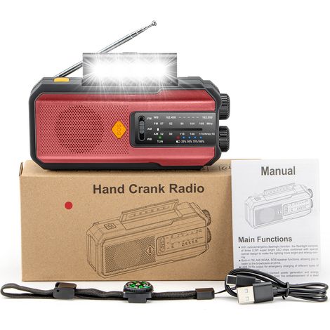 Radio d'Urgence Solaire avec Manivelle 2000mAh – Lampe LED, Alarme SOS et Batterie Externe, Résistante à l'Eau (Rouge) (1/5)