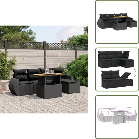 The Living Store Salon de jardin 6 pcs avec coussins noir résine tressée - Ensemble Salon De Jardin - Mobilier Extérieur - Salon De Jardin Design - Table Basse Extensible - Chaise Lounge (1/5)
