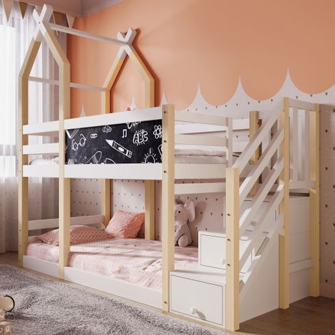 Lit superposé 90x200, lit enfant style cabane dans les arbres avec tableau noir, rangements et protection antichute, lit mezzanine pour enfant – 2 sommiers à lattes – naturel et blanc (sans matelas) (1/5)