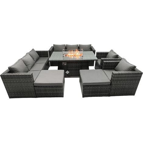 Fimous Ensemble de meubles de jardin en rotin ave Table de foyer à gaz 10 places Ensemble de canapés avec 2 Grand tabourets (1/5)