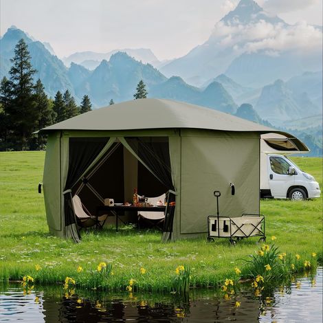 Tonnelle Pliante 4 x 4 m avec Moustiquaire Intégrale, 6 Parois Coupe-Vent Amovibles, Montage Rapide, Abri Extérieur Résistant Pluie et Vent, Vert (1/5)