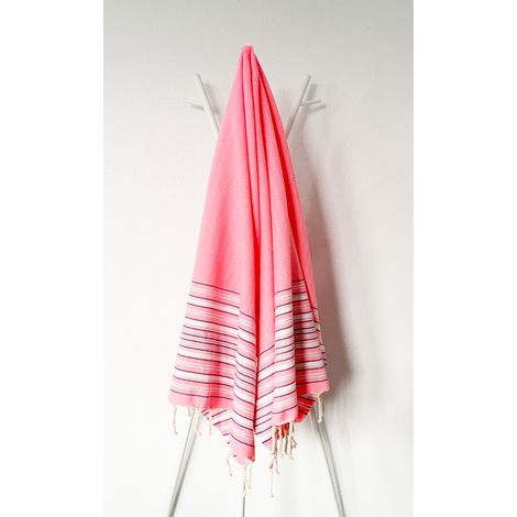 Fouta 100x200 rose fluo, bleu et blanc - 100% coton - franges