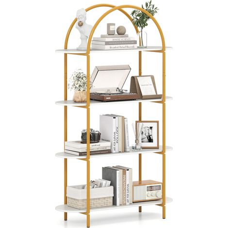 Bibliothèque blanche et dorée à 4 niveaux avec structure métallique robuste et design arqué, anti-basculement pour salon et bureau (1/5)