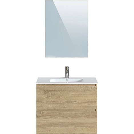 Meuble de salle de bains en mélamine coloris chêne clair - Longueur 81 x profondeur 47 x Hauteur 67.5 cm -PEGANE- (1/4)