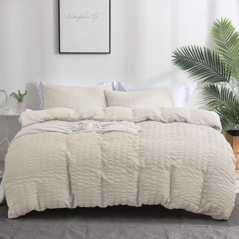Seersucker Bettwäsche Set Beige 135x200cm Atmungsaktiv Kühlend mit Reißverschluss