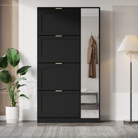 Zapatero de aglomerado negro con puertas espejo, 4 compartimentos abatibles, baldas regulables, 80x24x147 cm