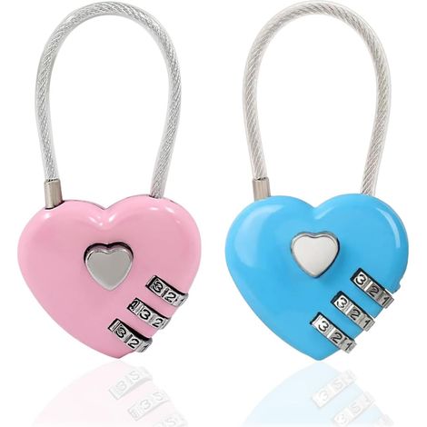 Lntyq 2 Pièces Cadenas Code,3 Chiffres Réinitialisables Petit Valise Avion Cadenas,Cœur Câble Antivol à Combinaison,Pour Bagages,Sacs Voyage,Casiers(Rose,Bleu Ciel)