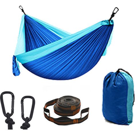 Hamac d'extérieur portable en nylon pour 2 personnes avec sangles d'arbre et mousquetons en alliage d'aluminium (270 x 140 cm). (1/5)