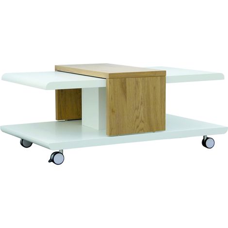 Table basse avec rangement en MDF, blanc mat, imitation chêne sauvage - Dim : 110 x 66 x 45 cm -PEGANE-