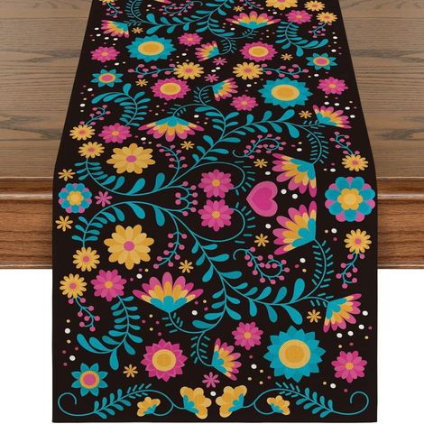Chemin de table mexicain pour la Fête des Morts, motif floral et crânes, décoration d'Halloween pour salon et meuble TV - 30 x 180 cm (polyester) - WSJZQ-6