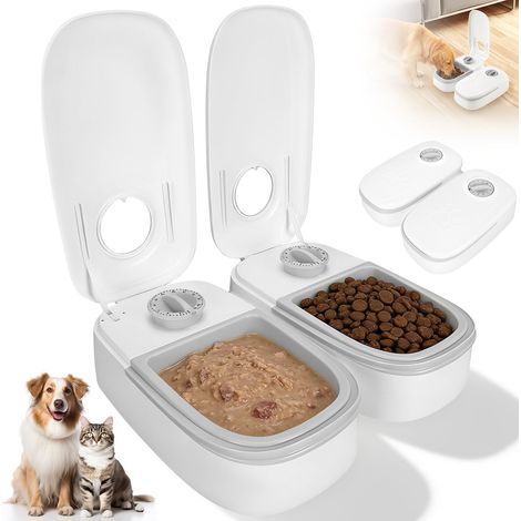 Automatic Cat Food Dispenser with 48 Hour Timer, Pet Food Feeder for 2 Meals, Wet and Dry Cat Food Bowl, Double Bowl for Cats and Small Dogs (Grey) (1/5)