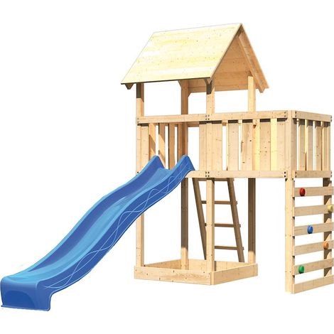 Akubi Lotti Satteldach natur Rutsche blau+ABP+Kletterwand