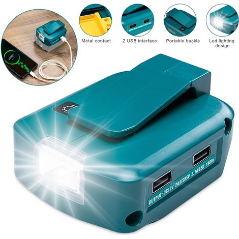 Adaptateur USB pour batteries Makita 14,4–18 V avec 2 ports USB, sortie 12 V et lampe LED (1/5)