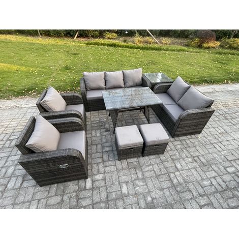 Fimous 9 Seater High Back PE Rattan Sofa Set Outdoor Garden Furniture Dining Table Set With Reclining Chair 3 Seater Sofa Love Sofa 2 Small Footstools Side Table