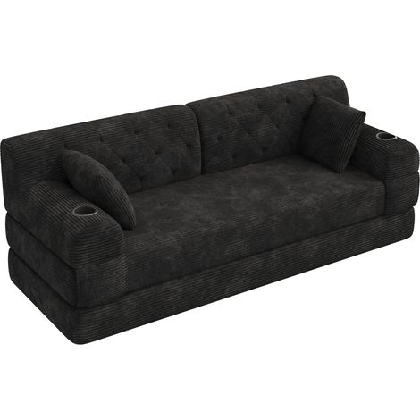 Divano letto 3 posti in corduroy nero con schienale alto, 2 portabicchieri e 4 tasche (1/5)