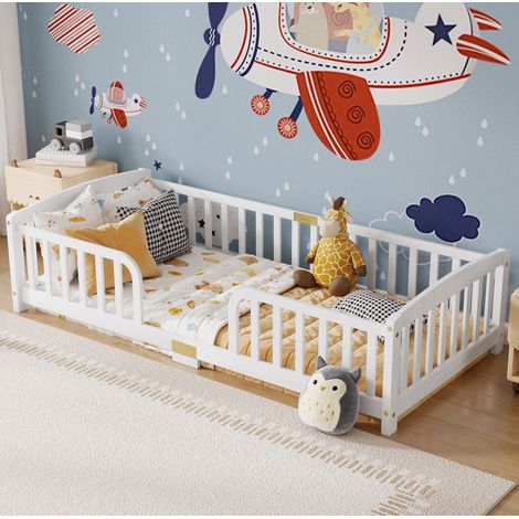Lit enfant 90x200 cm blanc – avec barrières de sécurité et entrée centrale, sans matelas (1/5)