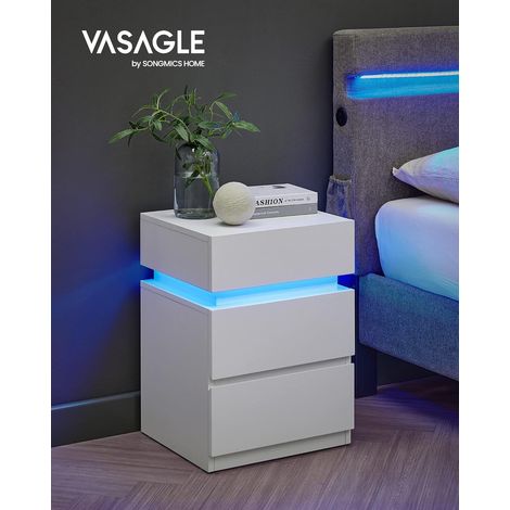 Vasagle – Table de chevet moderne avec bande LED multicolore – 3 tiroirs – Dimensions 40 x 35 x 55 cm – Panneau d’aggloméré blanc