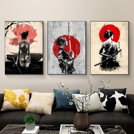 Leinwandbild Japanisch Frau Poster Wandkunst Wohnzimmer Deko 3er Set 20x30cm (1/5)