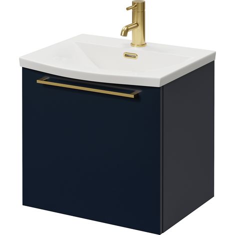 Napoli 390 Deep Blue 500mm Wall Mounted Single Drawer Vanity Unit with Arc Basin - 500mm - Brushed Brass 320mm Handle