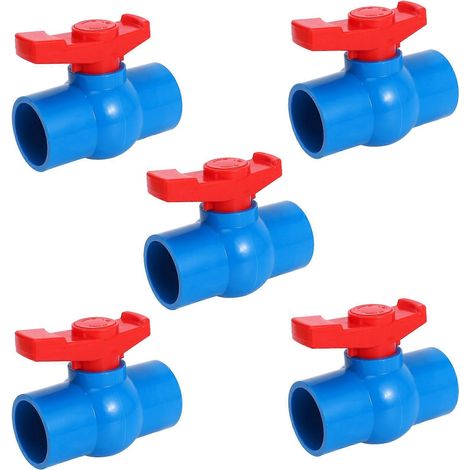 Lot de 5 vannes à bille en PVC-U à passage intégral, poignée rouge, 40 mm x 40 mm, bleues (1/5)
