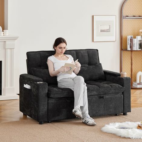 Canapé-lit convertible 3-en-1 142 cm avec espace de rangement dans les accoudoirs, porte-gobelets et 2 coussins lombaires - Noir (1/5)