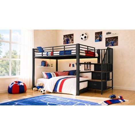 Litera para adultos 140x200 cm de metal negro con escalera con almacenaje y LED - CHICFURN (1/5)