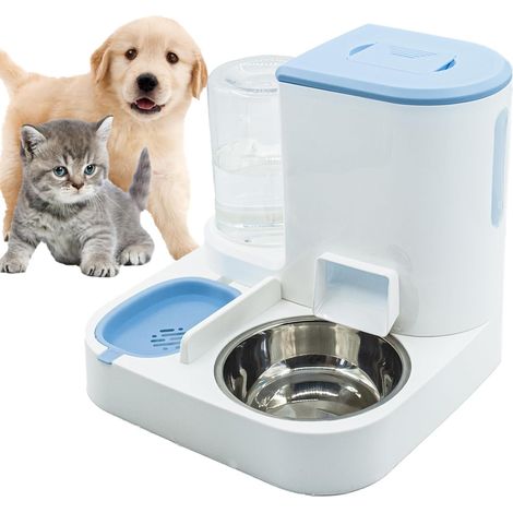Distributeur automatique de nourriture et d'eau pour chats 2 en 1, 2,2 L de nourriture + 1 L d'eau, bol en acier inoxydable, hygiénique et pratique pour chats et petits chiens (bleu) (1/5)