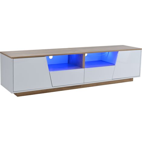 TV-Lowboard 180 x 40 x 46 cm mit LED, 2 Schubladen und 2 Türen, Weiß/Holzoptik (1/5)