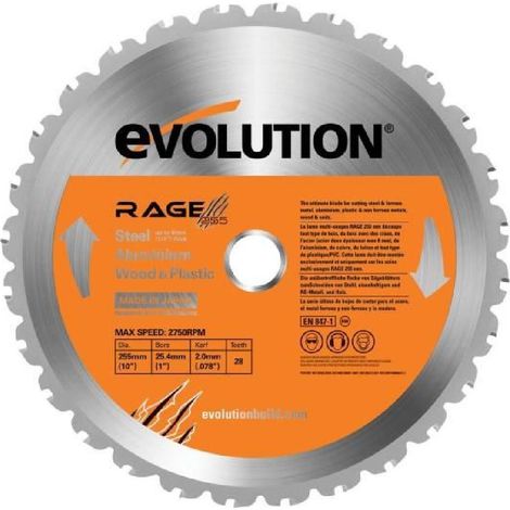 Evolution – Lame multi-matériaux 255mm TCT 28 dents – Alésage 25,4mm – Coupe précise pour bois dur et acier doux – Scie à onglet et scie sur table