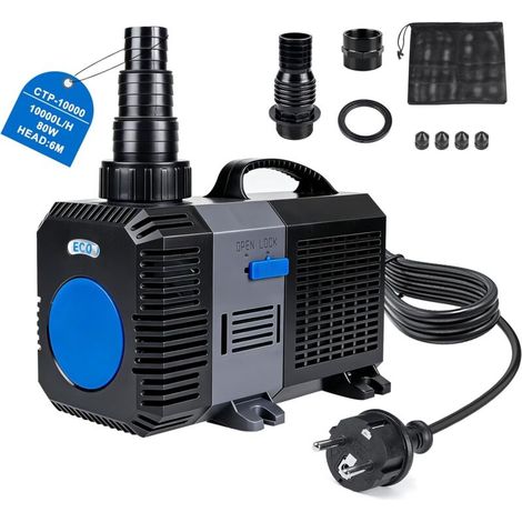 Super ECO Gartenteichpumpe 1000 l/h 80 W – Energiesparende Filteranlage, elektrische Wasserpumpe für Koi-Karpfen, Teichfische, Garten und Bach – einstellbar für Springbrunnen/Wasserfälle