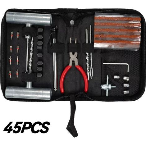 Kit de Réparation de Pneus Tubeless (45 Pièces) pour Voitures et SUV - JINFGERNE - Outil Ergonomique avec Mèches et Bandes de Réparation, Idéal pour Urgences Routières (1/5)