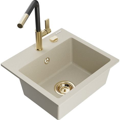 Mexen Milo 1-Becken-Granitspüle mit Mischbatterie Flora, Beige - 6505-69-670401-57-G (1/5)