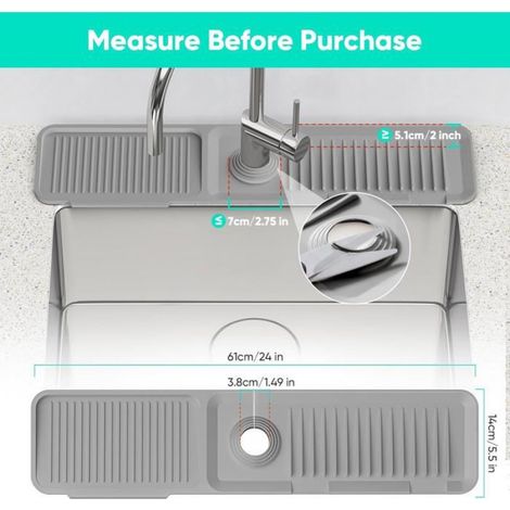 Tapis Robinet Silicone Cuisine 61x14cm Gris, Anti-Éclaboussure Égouttoir Évier Incliné 5° (1/5)