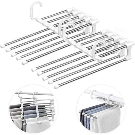 2 cintres multi-usages en acier inoxydable, extensibles et pliables, pour pantalons et vêtements légers, rangement compact