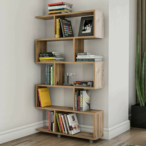 Dmora - Estante para libros Dmarasch, Estante de oficina, Porta libros móvil, Biblioteca, 90x20h156 cm, Roble (1/4)
